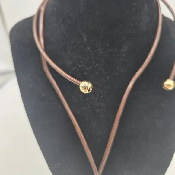 Atterri Brown Leather Cord Necklace and Gold Tone Pendant Adjustable Minimalist - Picture 4 of 5